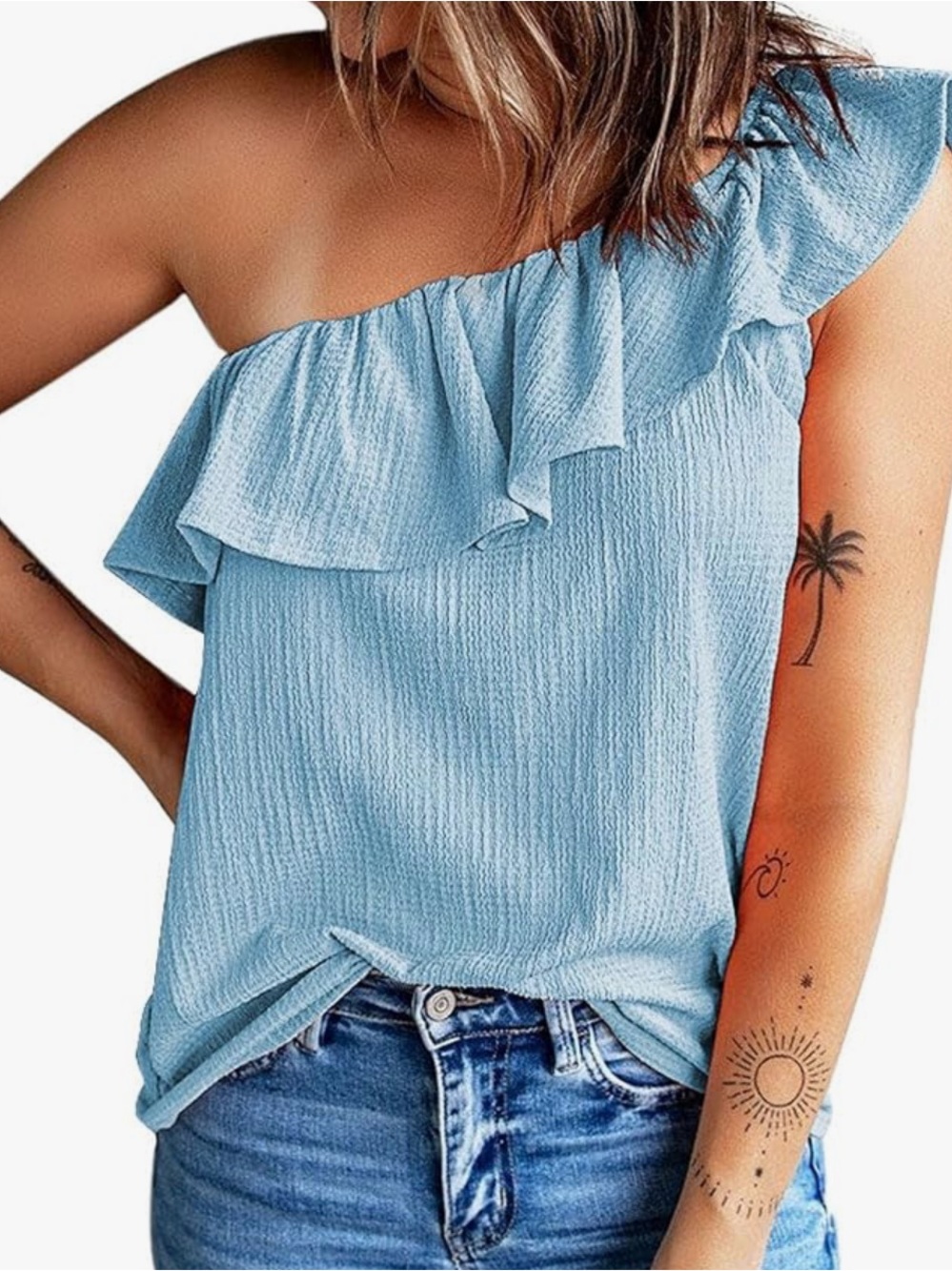 One-Shoulder Ruffle Women's Top in Light Blue